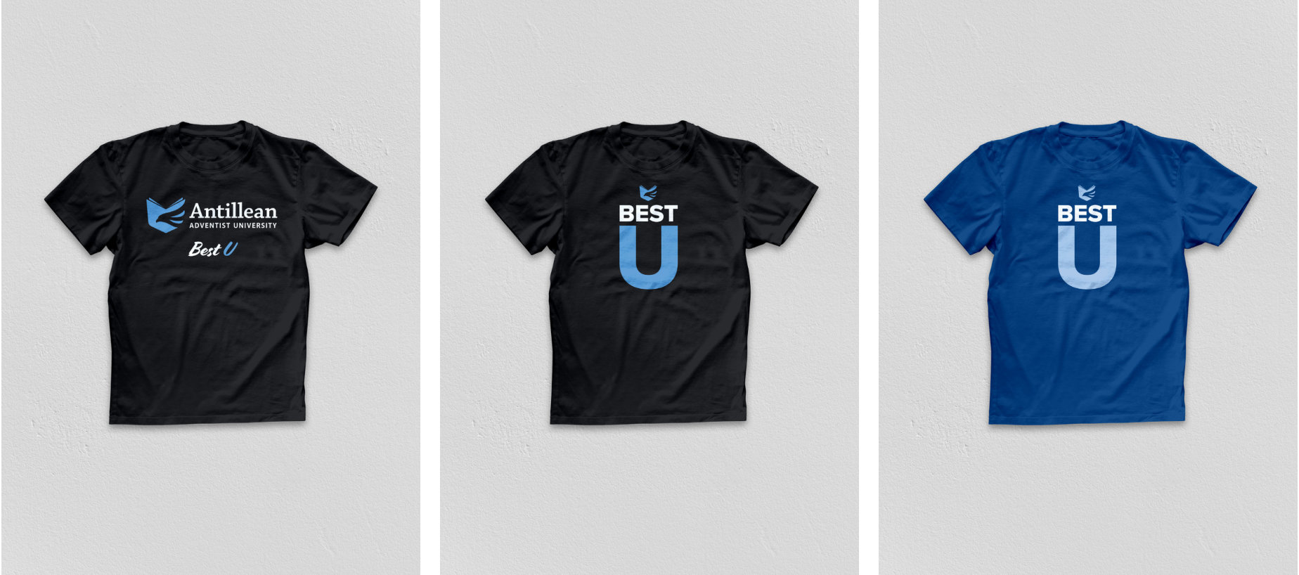 Camisetas institucionales en azul, blanco y amarillo