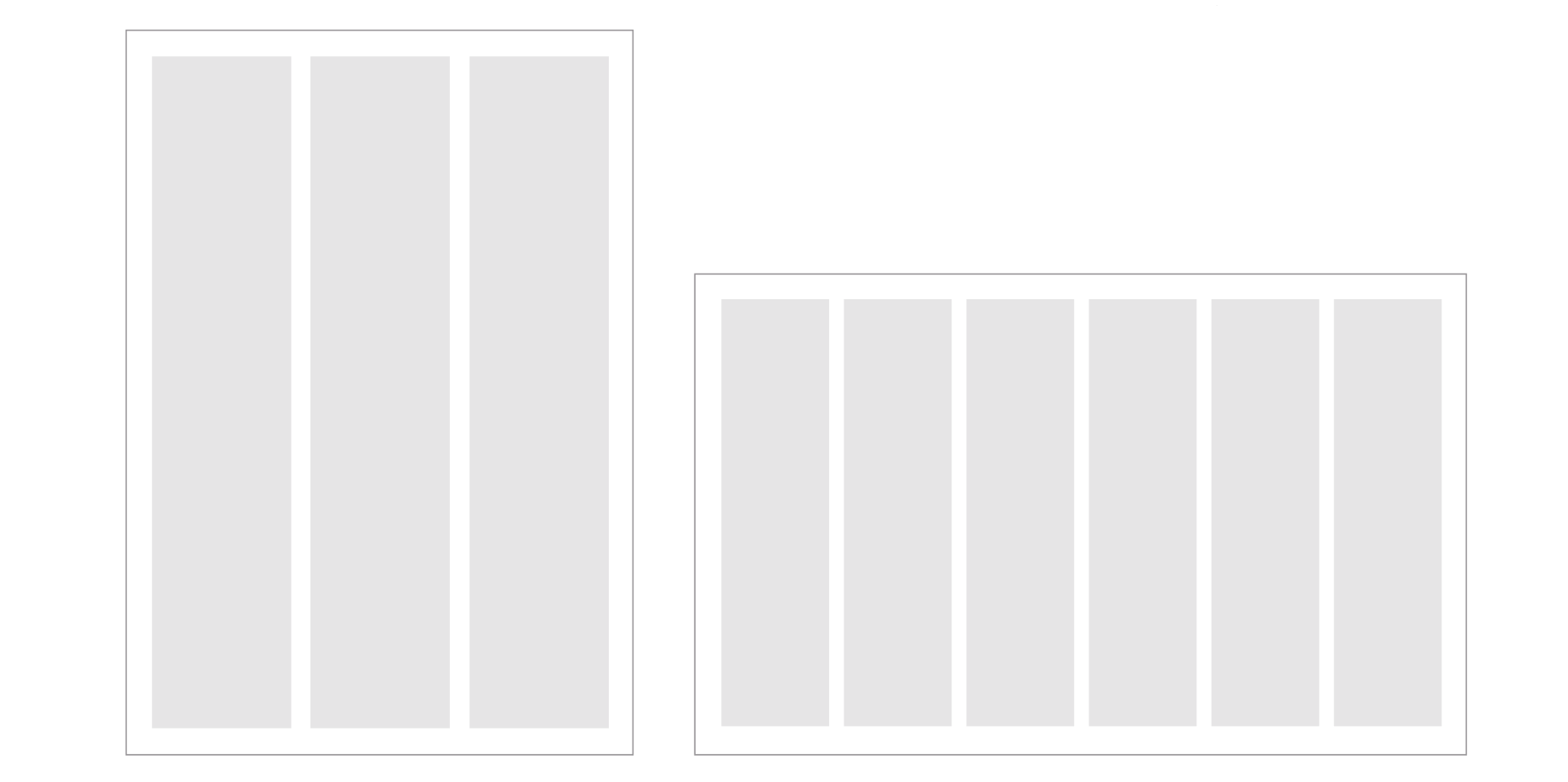Cuadrículas de ejemplo: una página vertical dividida en 3 columnas y una página horizontal dividida en 6 columnas
