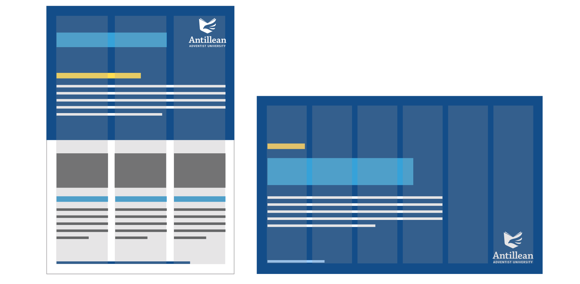 Ejemplos de disposición de página: elementos de texto e imagen distribuidos sobre cuadrículas de columnas en formato vertical y horizontal