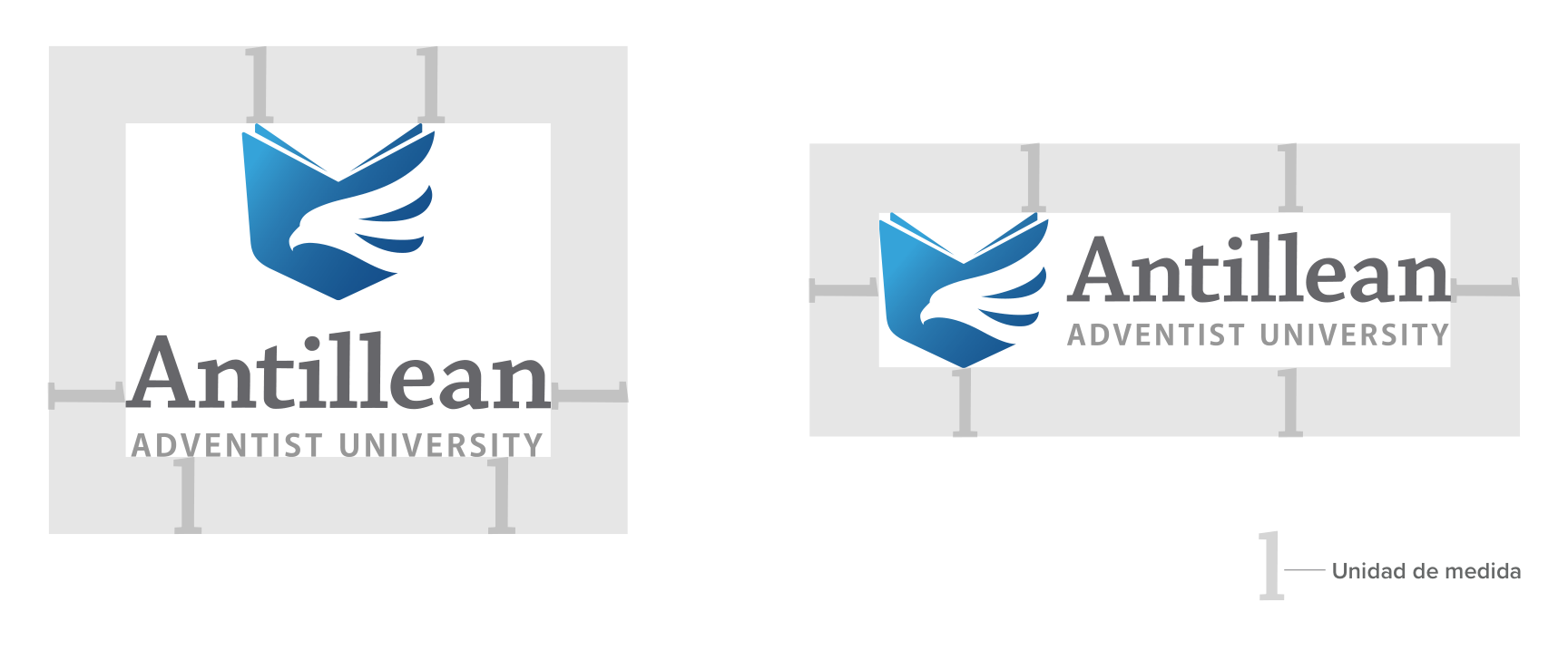 Diagrama del espacio de seguridad: el logo vertical y el horizontal rodeados por un margen equivalente al alto de la letra L de Antillean