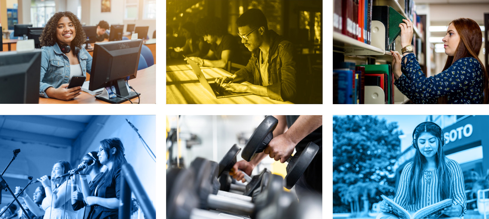 Seis fotografías de referencia de estudiantes en actividades académicas, físicas y espirituales; tres de ellas con capas de color amarillo y azul para un estilo monotono