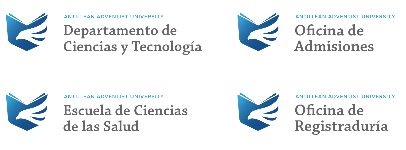 Identificadores de departamentos: el símbolo junto al nombre de cada unidad, como Departamento de Ciencias y Tecnología, Oficina de Admisiones, Escuela de Ciencias de las Salud y Oficina de Registraduría