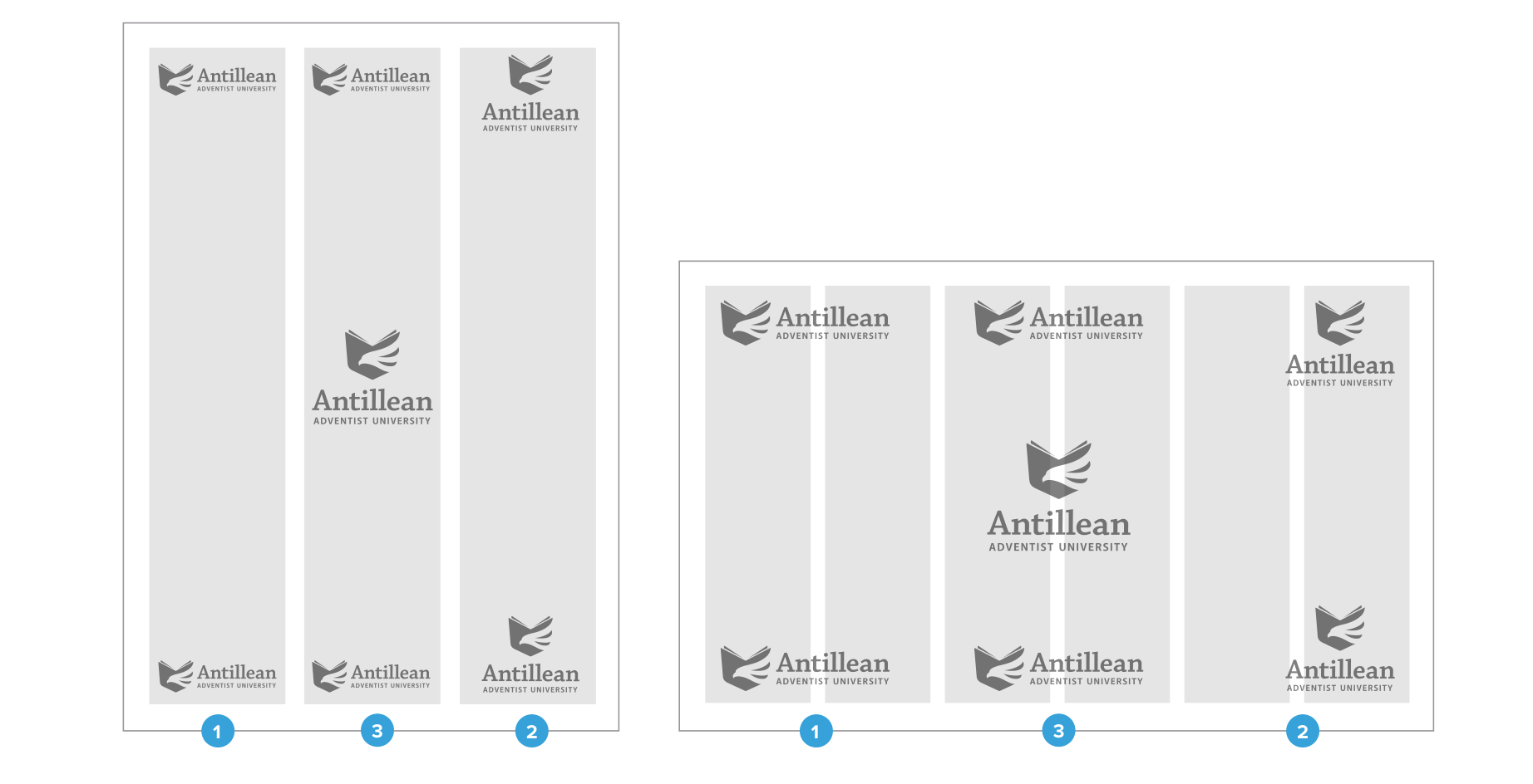 Diagramas de posición del logo sobre cuadrículas de columnas: horizontal a la izquierda, vertical a la derecha y ambas opciones al centro, en formatos vertical y horizontal
