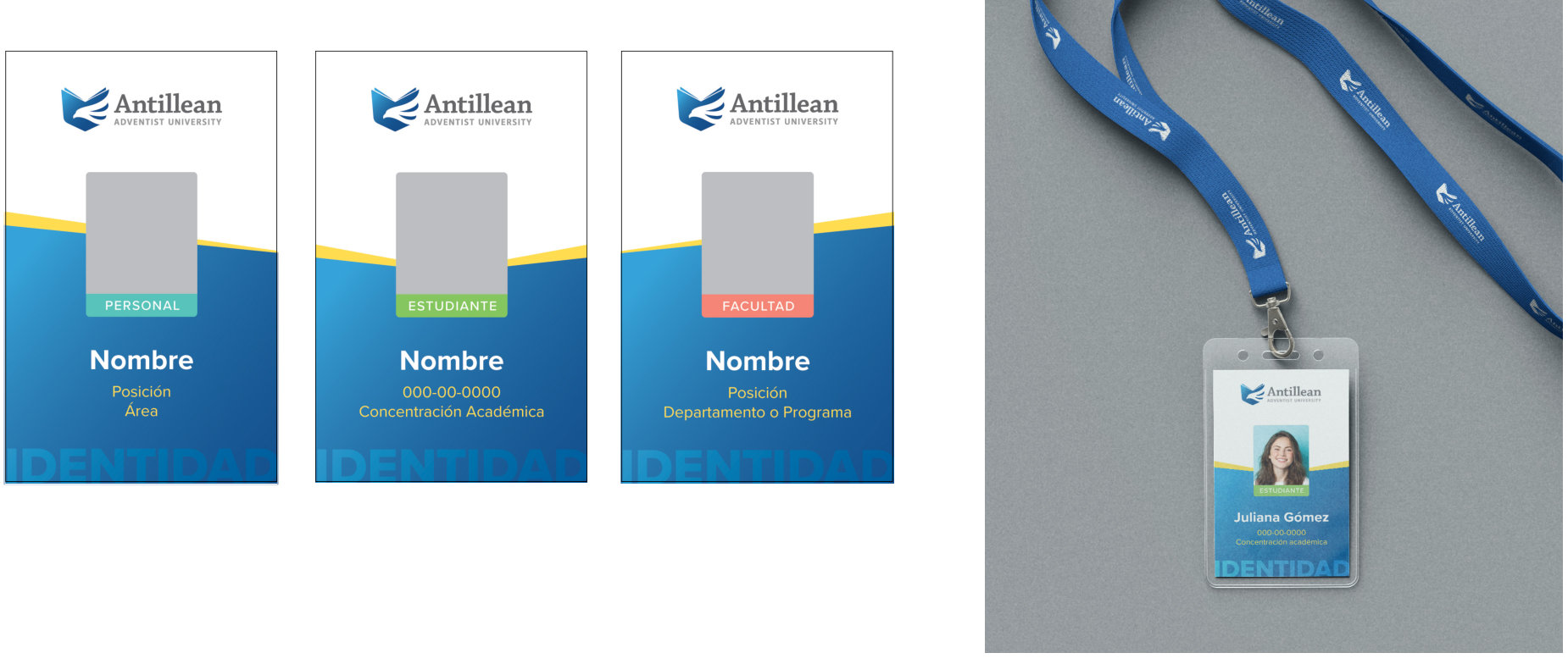 Tarjetas de identificación para personal, estudiantes y facultad, cada una con su etiqueta de color, junto a un porta-credencial con cordón azul institucional