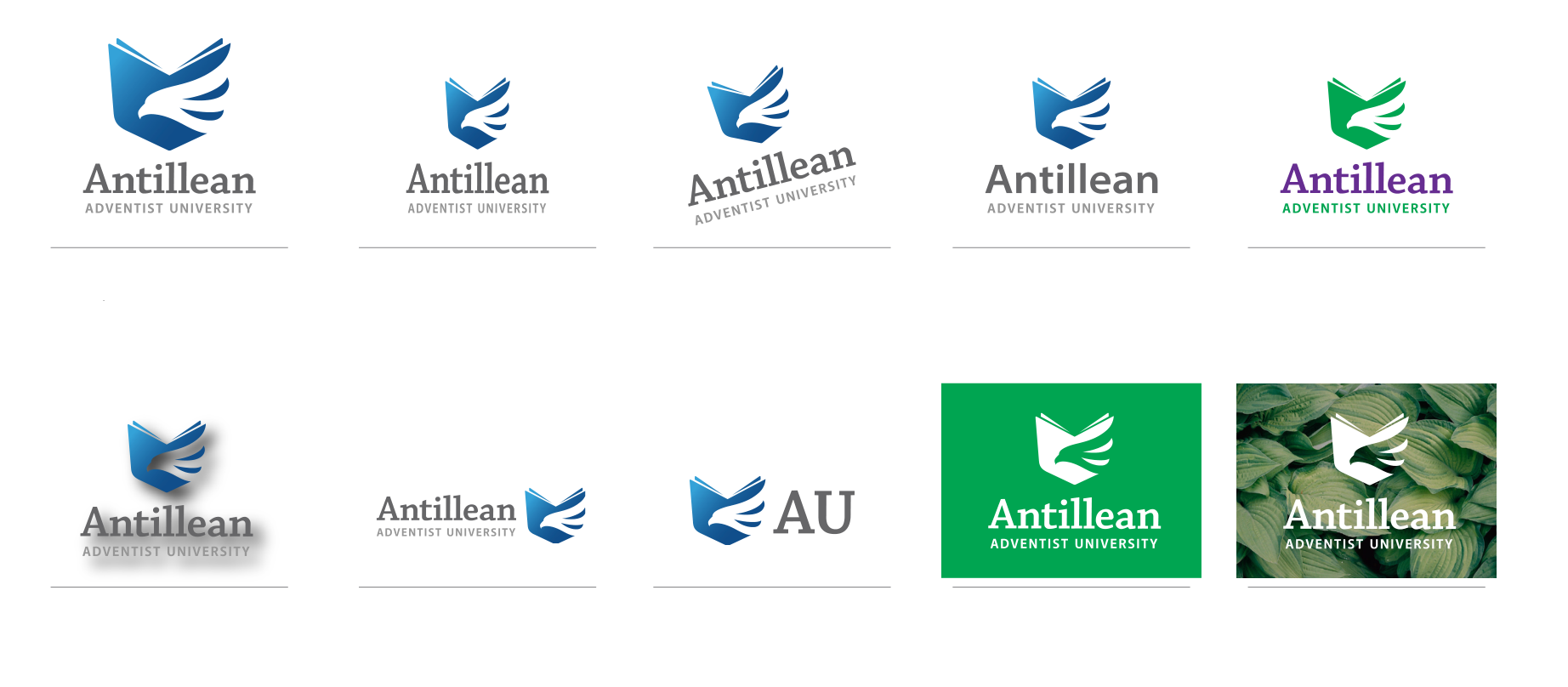 Diez ejemplos de usos no aprobados del logo: distorsión, rotación, cambios de color, sombras, fondos y tipografías no aprobadas, entre otros
