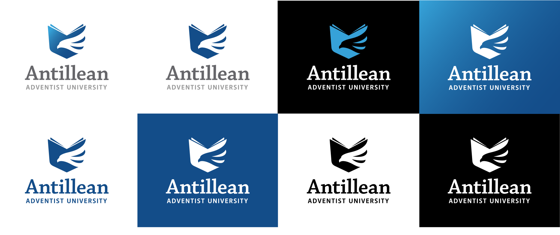 Variantes de color aprobadas del logo vertical: full color y monotono gris sobre fondos claros; negativo blanco sobre negro y azul; monotono negro y negativo sobre fondos oscuros